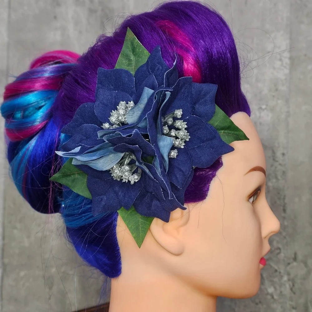 Handmade Navy Blue Poinsettia Hair Flower Clip Holiday Winter Glitter‎ Pinup